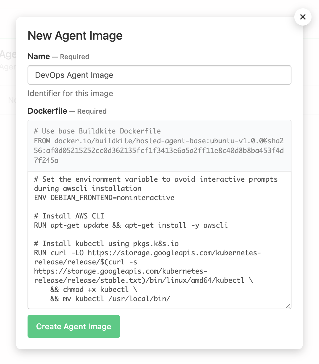 Buildkite hosted agents create image form displayed in the Buildkite interface