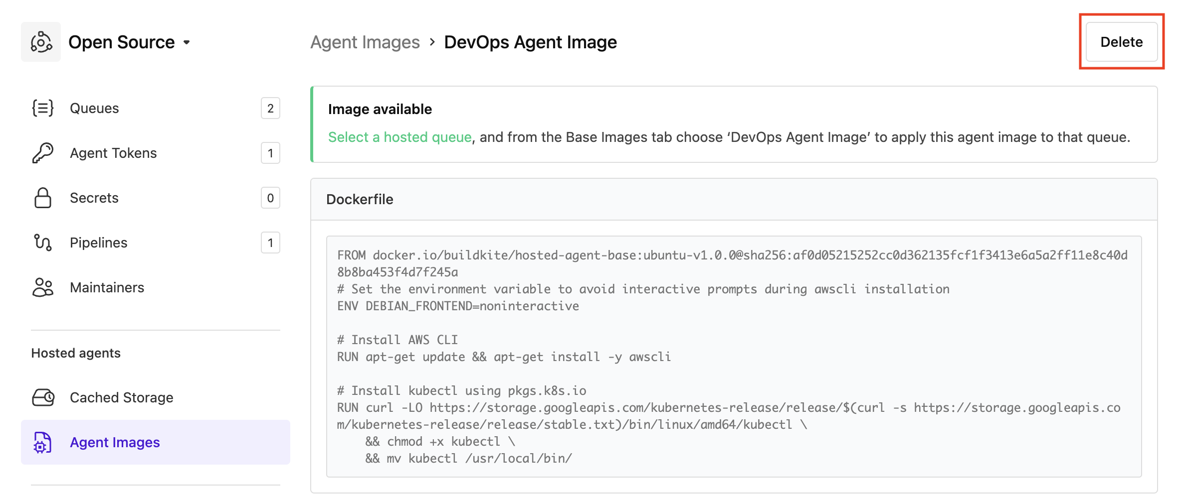 Buildkite hosted agents delete image form displayed in the Buildkite interface