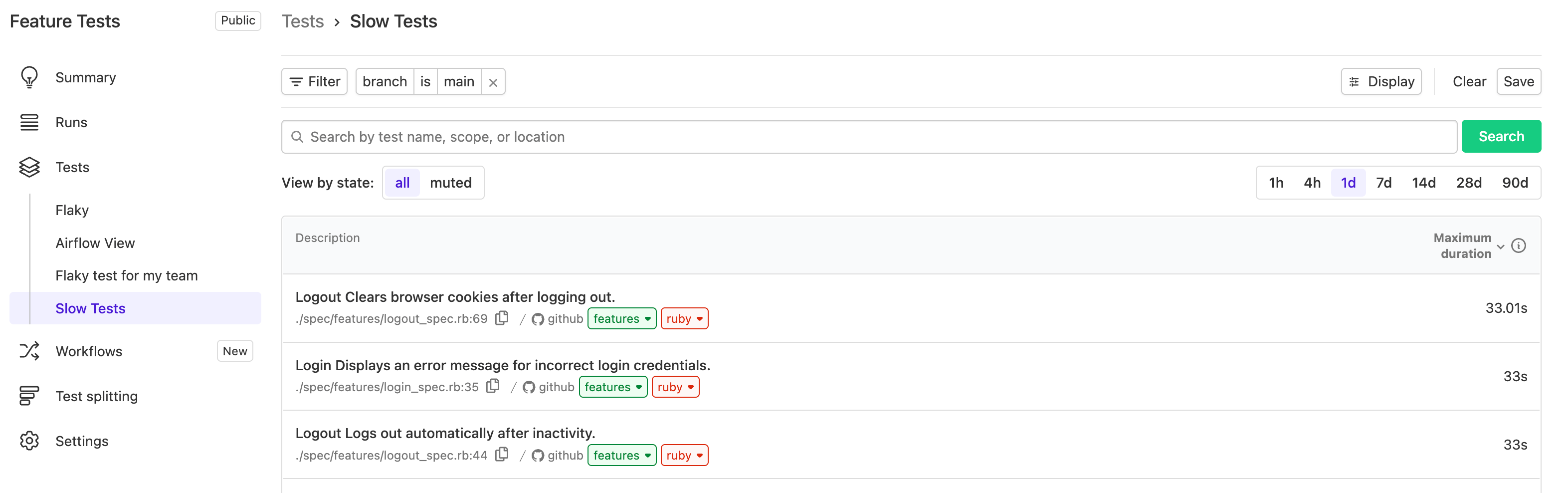 Screenshot of test index saved view
