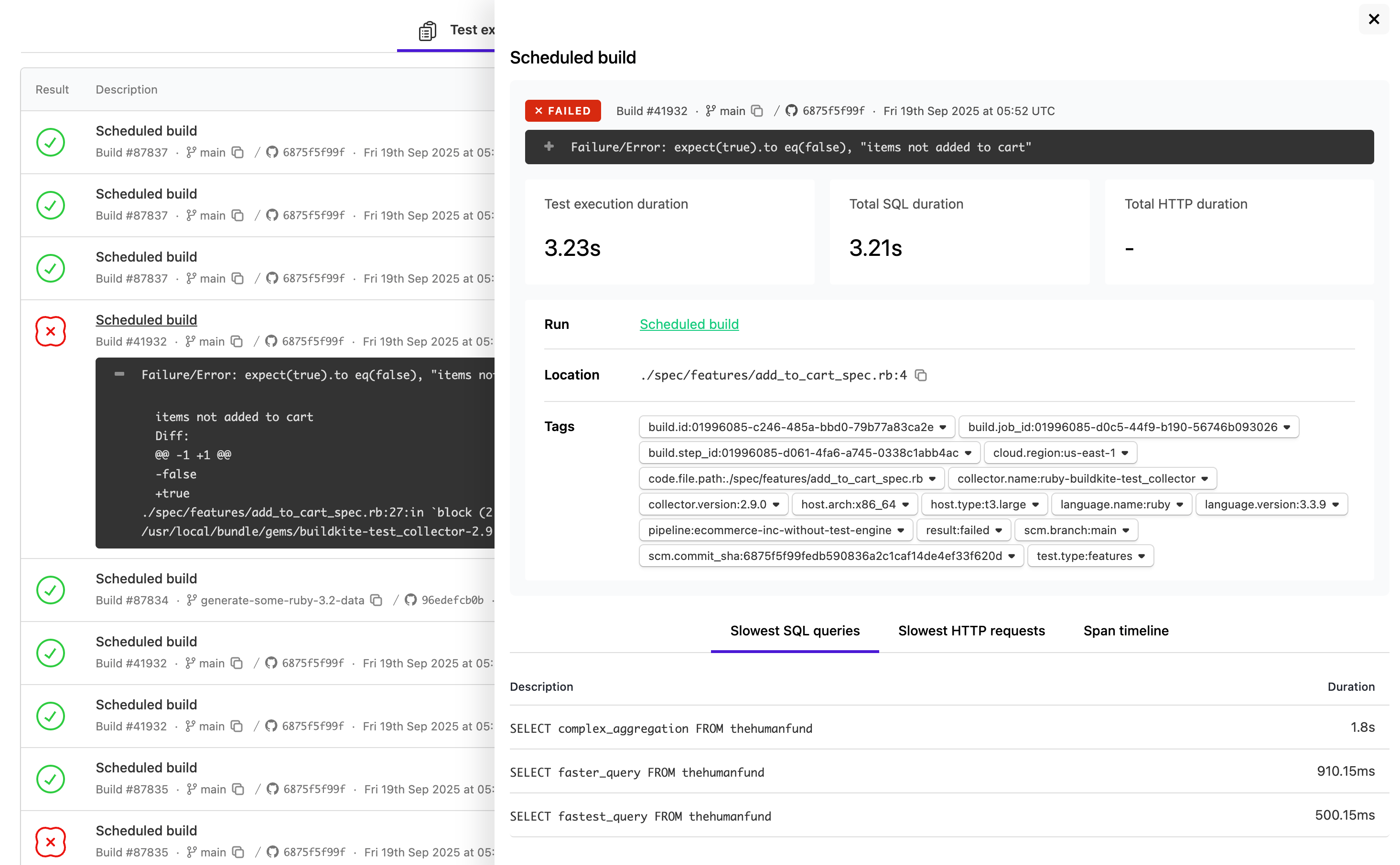 Screenshot of individual test execution page showing test information related to that individual execution of the test